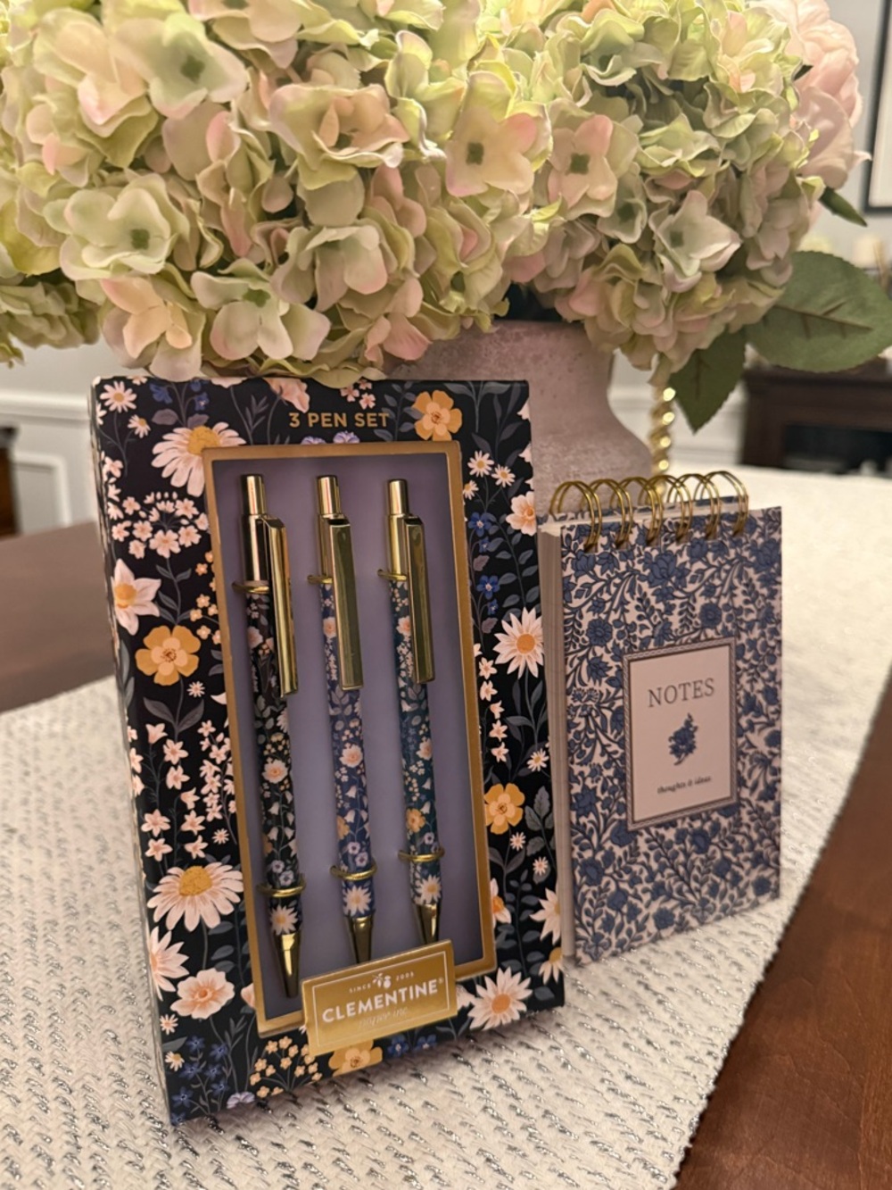 NWT! Set of 3 black ink floral design pens and lined note book with spiral